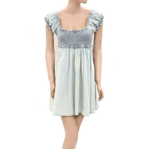 Free People Dresses & Skirts - Free People Daphne Denim Mini Dress Lace-Up Smocked Cotton Tie & Dye XS 271285